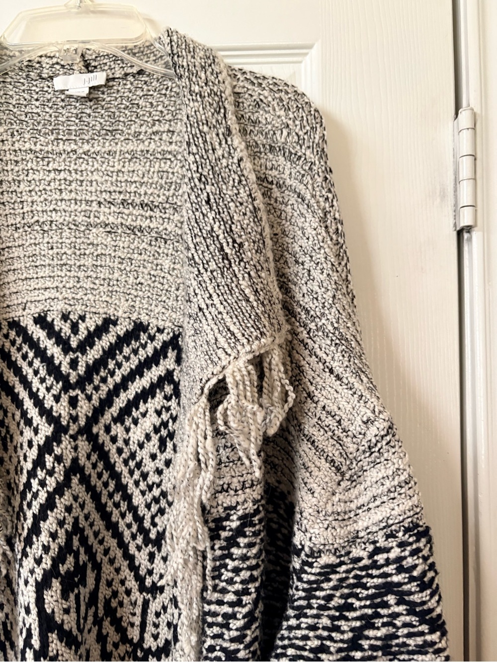 J. Jill Black & Ivory Cream Fringed Open-Front Wool Blend Cardigan Fringe XL - Picture 3 of 7